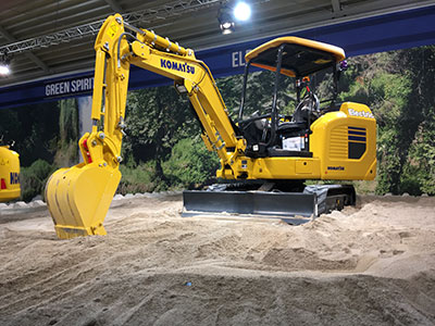 Komatsu’s small electric excavator runs much quieter and matches the speed and productivity of an equivalent diesel-powered PC30. Pre-production units are currently working at customer sites in Japan.