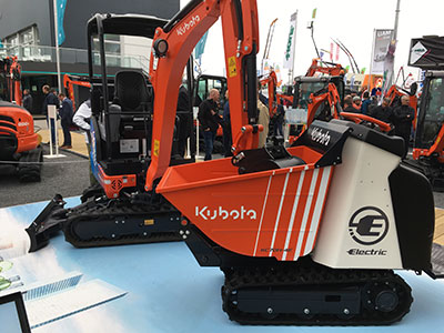 Kubota’s KC70-4e electric mini-crawler dumper features an electric transmission and has a 1,550 lb load capacity.