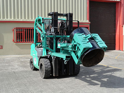 Bin tippers are often used on forklifts, like this design from Moovmor. Hydraulic cylinders are used to lift and tilt and dump the contents of the bins.