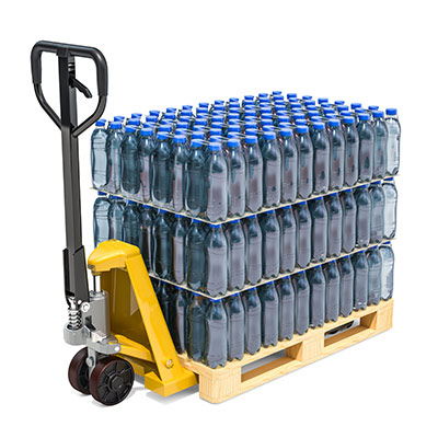 Hydraulic pallet jacks employ a single-acting bottle jack mounted atop the pivoting steering wheels. A lever remotely operates the two-position valve within the handle, and when flipped forward allows pumping action to occur. This allows users to lift heavy loads up to 5,000 lb or more.