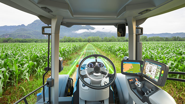 GPS and elaborate machine control hardware allow a tractor to follow intricately mapped, hands-free routes through a field. Image courtesy ????