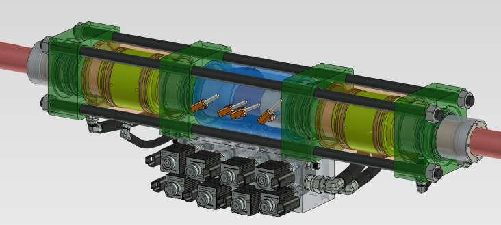 The HILA combines two short-stroke cylinders with two coordinated clamping mechanisms, one in each cylinder. Simple logic valves control the motion. The compact and lightweight system permits strokes of more than 25 ft. Or several actuator bodies can move along a stationary rod, for use in timber transport and agricultural seeding applications.   | courtesy of Gustav Näslund, GN Tech