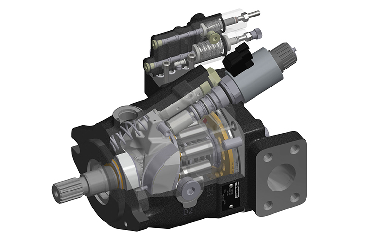 Combined with Parker Hannifin’s GVM310 global vehicle electric motor, the P1M series axial-piston pump pictured here delivers higher speeds and efficiency that increases machine productivity to create an efficient electrification system.