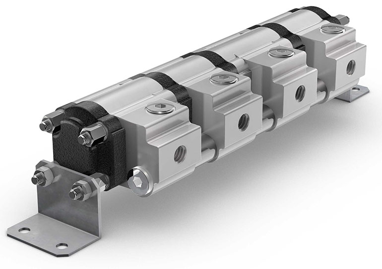 Jahns MTO small gear flow dividers with integrated relief valves. Image courtesy of IC Fluid Power