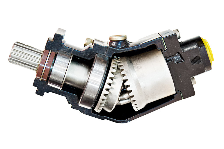 Cross section of bent-axis piston pump highlights the bearings used to resist side loading.