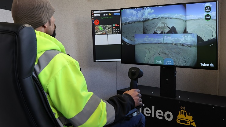 The Teleo Supervised Autonomy system lets contractors operate existing heavy equipment without an operator in the cab, so a single person can control multiple pieces of equipment from a remote desk.
