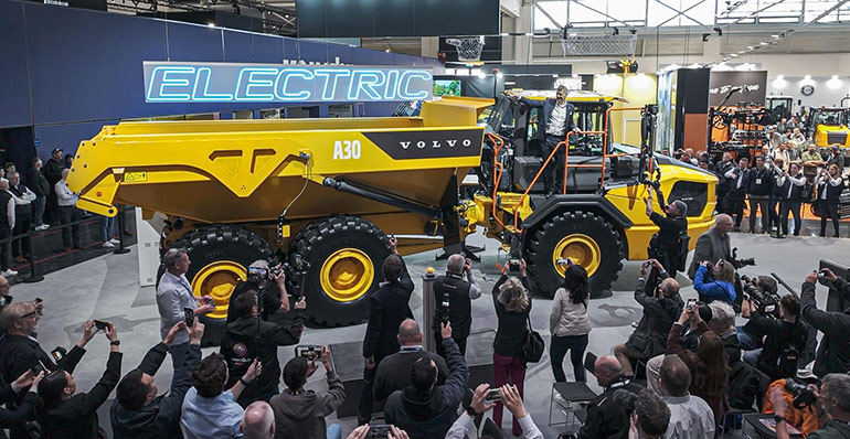 Volvo's A30, pictured, and a40 are the world's first serial-produced battery electric articulated haulers, featuring 29-ton and 39-ton payloads.